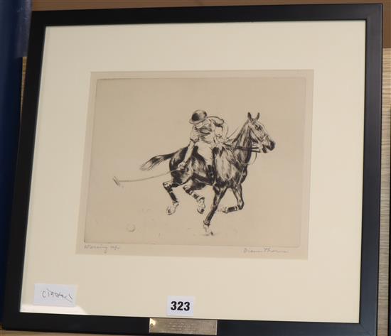 Diana Thorne, (1895-1963), pencil signed dry-point etching, 1920s, Warming Up Polo player strikes ball, 20 x 25cm.